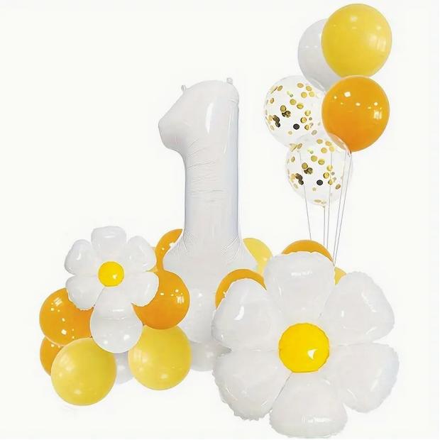 Sunny Daisy and Balloon Set - Birthday Party Decorations, Yellow and White Theme