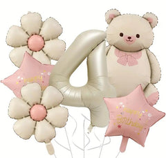 Whimsical Bear & Flower Balloon Set - Charming 1st to 9th Birthday Party Decorations, Kid's Birthday Party Balloons