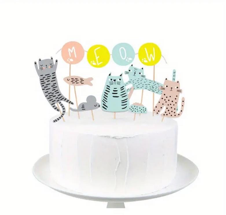 Adorable Cat Cake Toppers - Handcrafted Kitty Party Picks with Colorful Balloons for Kids Birthdays and Baby Showers