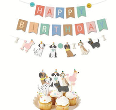 Dog-Themed Birthday Party Kit - Colorful 'Happy Birthday' Banner and Dog Cupcake Toppers Set