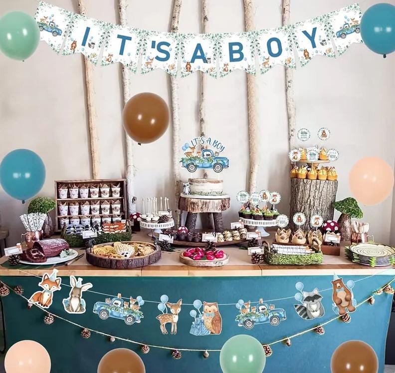 Woodland Creatures "It's a Boy" Baby Shower Decoration Kit - Banner, Balloons, and Cupcake Toppers Set