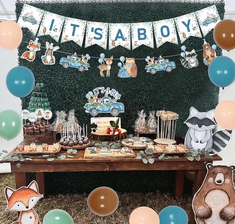 Woodland Creatures "It's a Boy" Baby Shower Decoration Kit - Banner, Balloons, and Cupcake Toppers Set