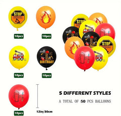 Firefighter-Themed Birthday Balloon Set - 50 pcs, Fire Truck, Fire Hydrant, Stop Signs for Kids Party Decor