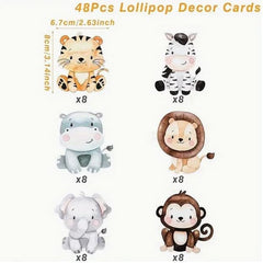 Adorable Jungle Animal Lollipop Holder Cards - Set of 48, Cute Safari Party Favors for Kids Birthdays, Baby Showers