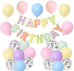 Pastel Happy Birthday Balloon Set - 26 pcs with Banner & Confetti Balloons