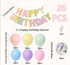 Pastel Happy Birthday Balloon Set - 26 pcs with Banner & Confetti Balloons