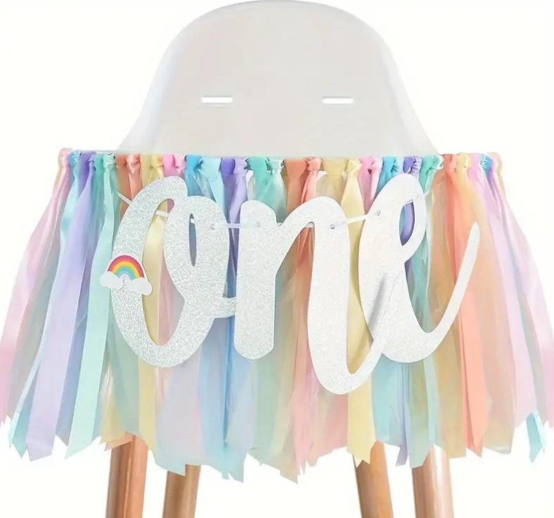 Rainbow Tulle High Chair Skirt with Glitter "One" Sign, First Birthday Party Decorations