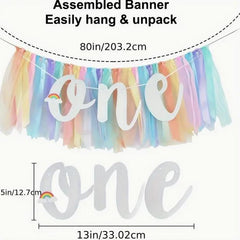 Rainbow Tulle High Chair Skirt with Glitter "One" Sign, First Birthday Party Decorations