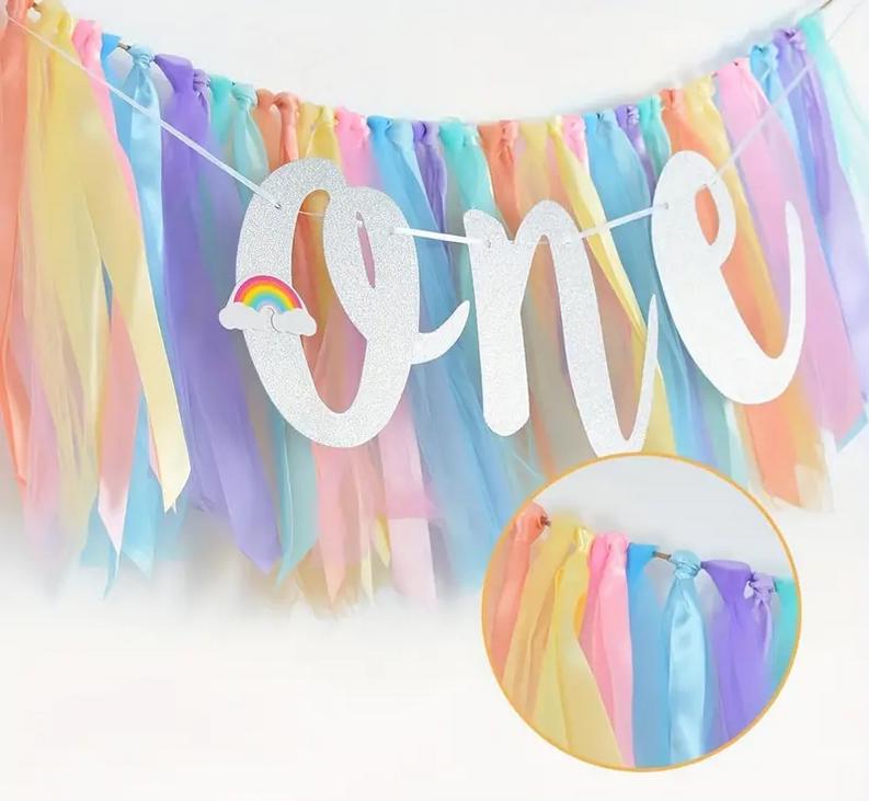 Rainbow Tulle High Chair Skirt with Glitter "One" Sign, First Birthday Party Decorations