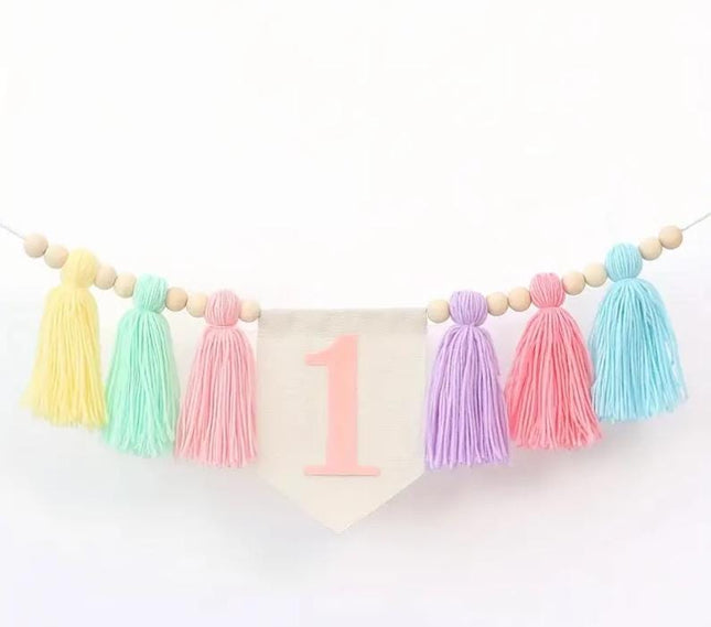 Rainbow Tulle High Chair Skirt with Glitter "One" Sign, First Birthday Party Decorations