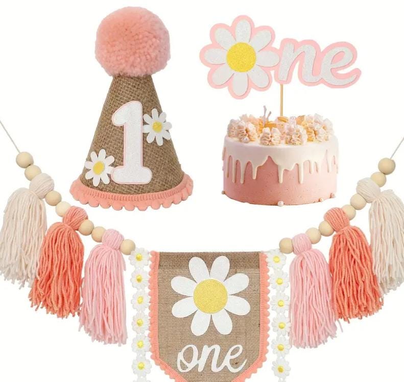 Floral First Birthday Party Set: Daisy Tassel Garland, Cake Topper, and Decorative Hat