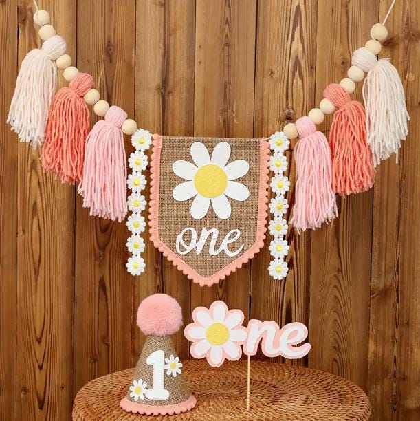 Floral First Birthday Party Set: Daisy Tassel Garland, Cake Topper, and Decorative Hat