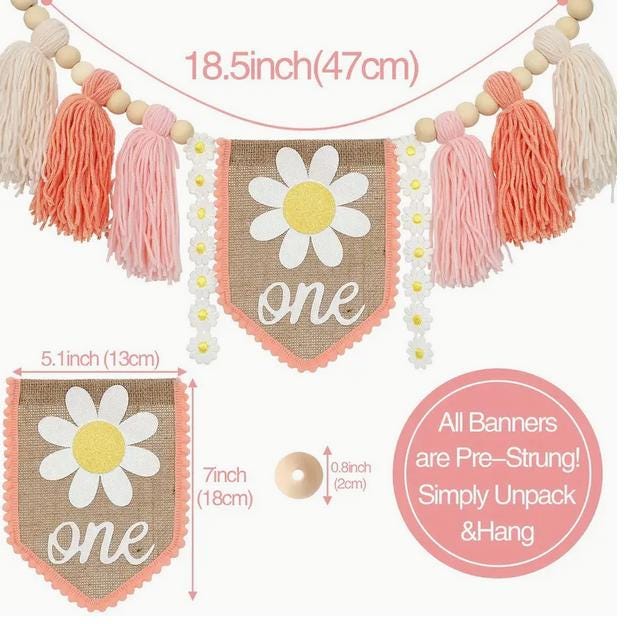 Floral First Birthday Party Set: Daisy Tassel Garland, Cake Topper, and Decorative Hat