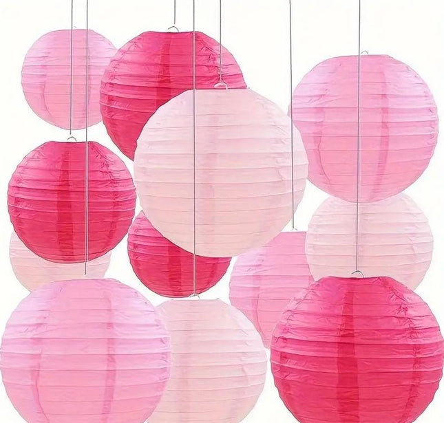 Vibrant Pink Ombre Paper Lanterns - Set of 12, Assorted Sizes