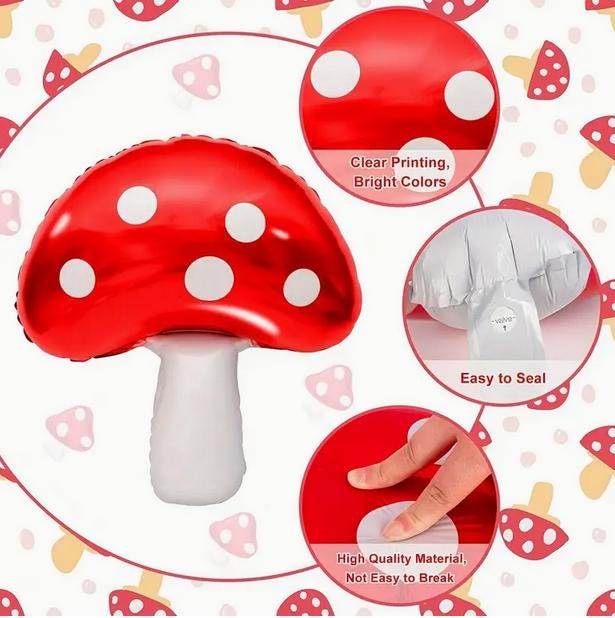 Large Red Mushroom Mylar Balloons - Set of 5 Fairy Tale Mushrooms, Perfect for Garden Decorations and Themed Parties