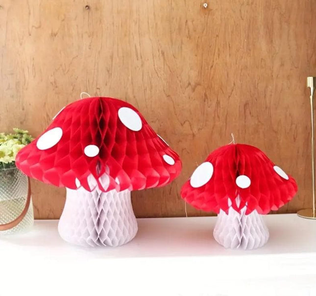 Set of 2 Red Mushroom Honeycomb Decorations - Whimsical Fairy Tale Party Decor, Perfect for Children's Parties and Fantasy Themes