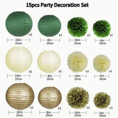 15-Piece Green and Gold Party Decoration Set - Pom Poms and Paper Lanterns for Elegant Celebrations and Events