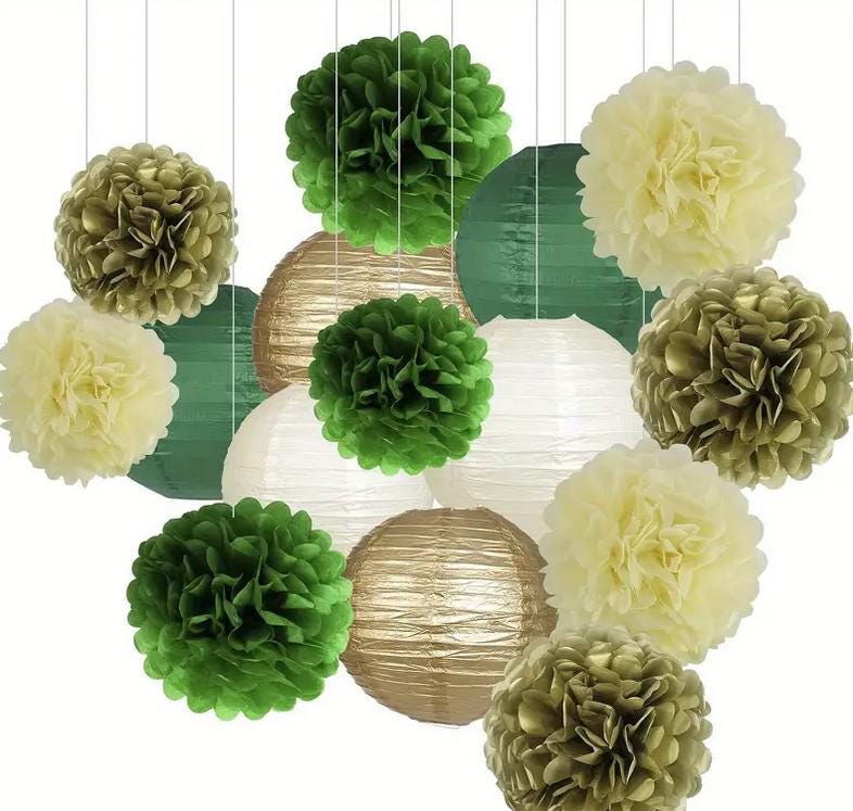 15-Piece Green and Gold Party Decoration Set - Pom Poms and Paper Lanterns for Elegant Celebrations and Events