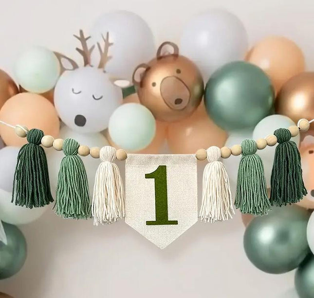 Woodland 'One' Birthday Party Garland Banner - Jungle Themed Decorations for First Birthday