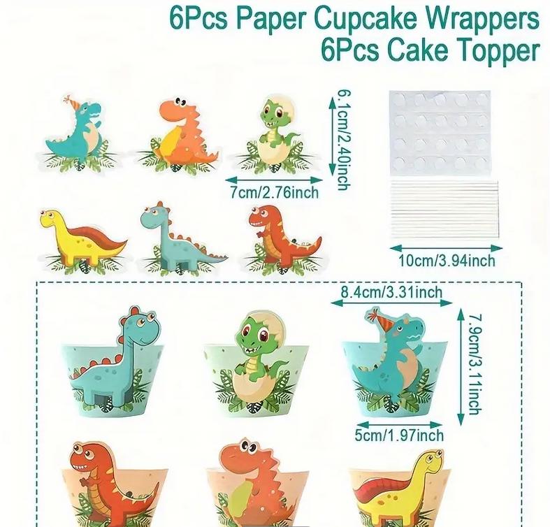 6 Pcs Dinosaur Birthday Party Cupcake Toppers and Cupcake Wraps - Cute Dino Decorations for First Birthday