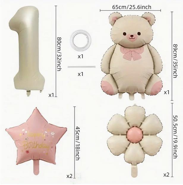 Whimsical Bear & Flower Balloon Set - Charming 1st to 9th Birthday Party Decorations, Kid's Birthday Party Balloons