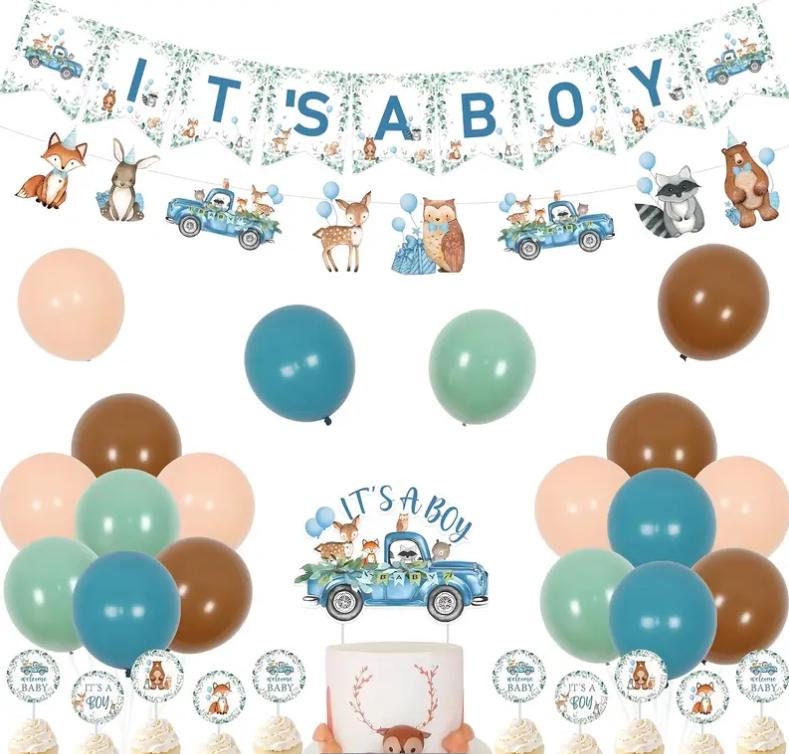 Woodland Creatures "It's a Boy" Baby Shower Decoration Kit - Banner, Balloons, and Cupcake Toppers Set