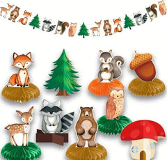 Woodland Creatures Honeycomb Centerpieces & Garland Banner - Party Decor Set