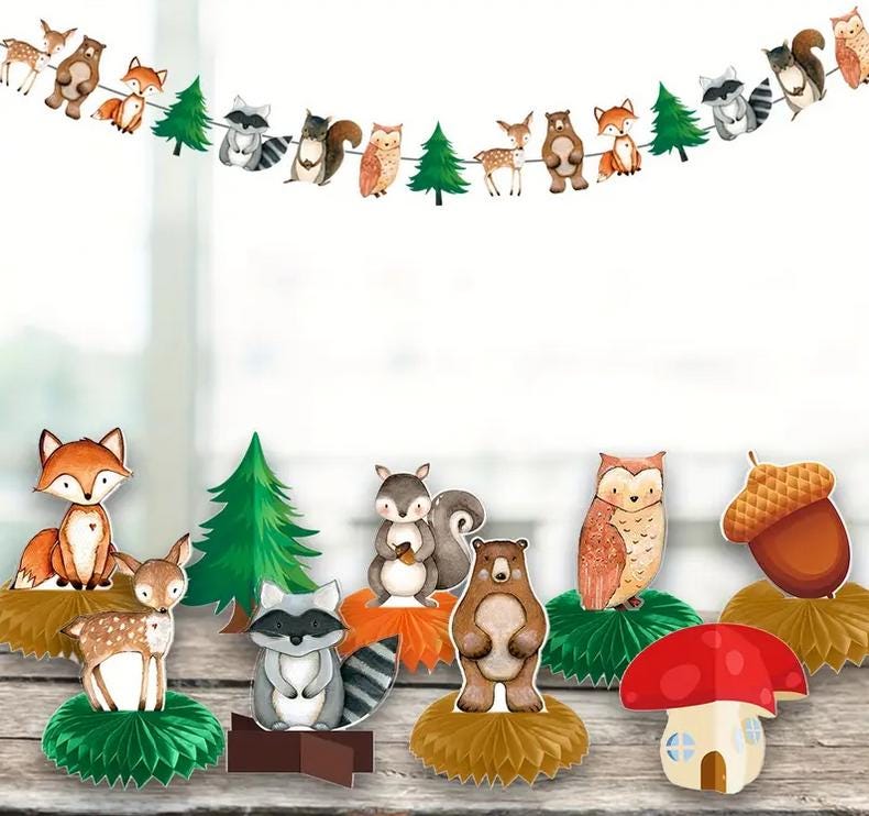 Woodland Creatures Honeycomb Centerpieces & Garland Banner - Party Decor Set