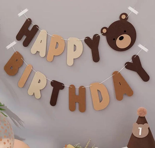 Woodland Bear Happy Birthday Banner - Brown and Cream Lettering for Kids Party