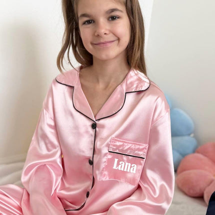 Personalized Silk Kids' Pajama Set | Custom Name| Available in Blue, Pink, Beige, Green, Red |