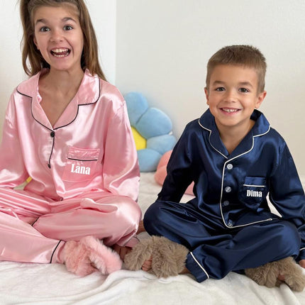 Personalized Silk Kids' Pajama Set | Custom Name| Available in Blue, Pink, Beige, Green, Red |