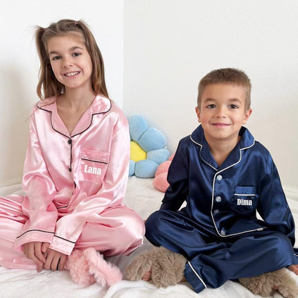 Personalized Silk Kids' Pajama Set | Custom Name| Available in Blue, Pink, Beige, Green, Red |