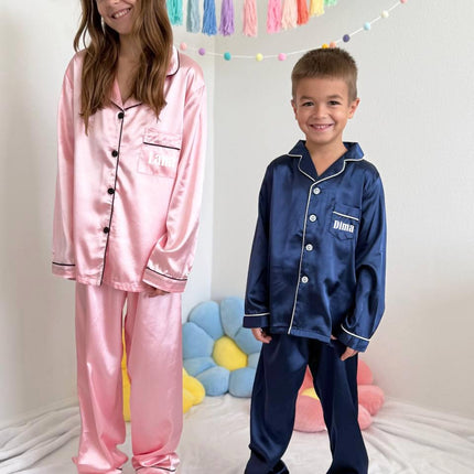 Personalized Silk Kids' Pajama Set | Custom Name| Available in Blue, Pink, Beige, Green, Red |