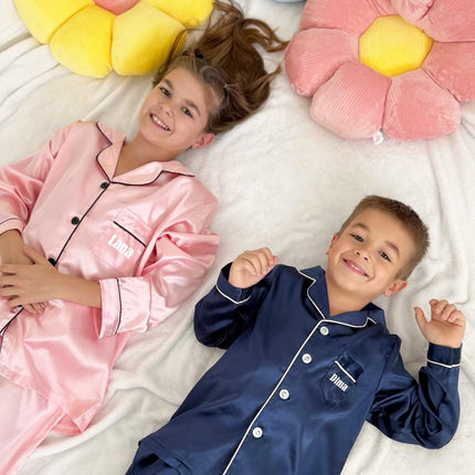 Personalized Silk Kids' Pajama Set | Custom Name| Available in Blue, Pink, Beige, Green, Red |