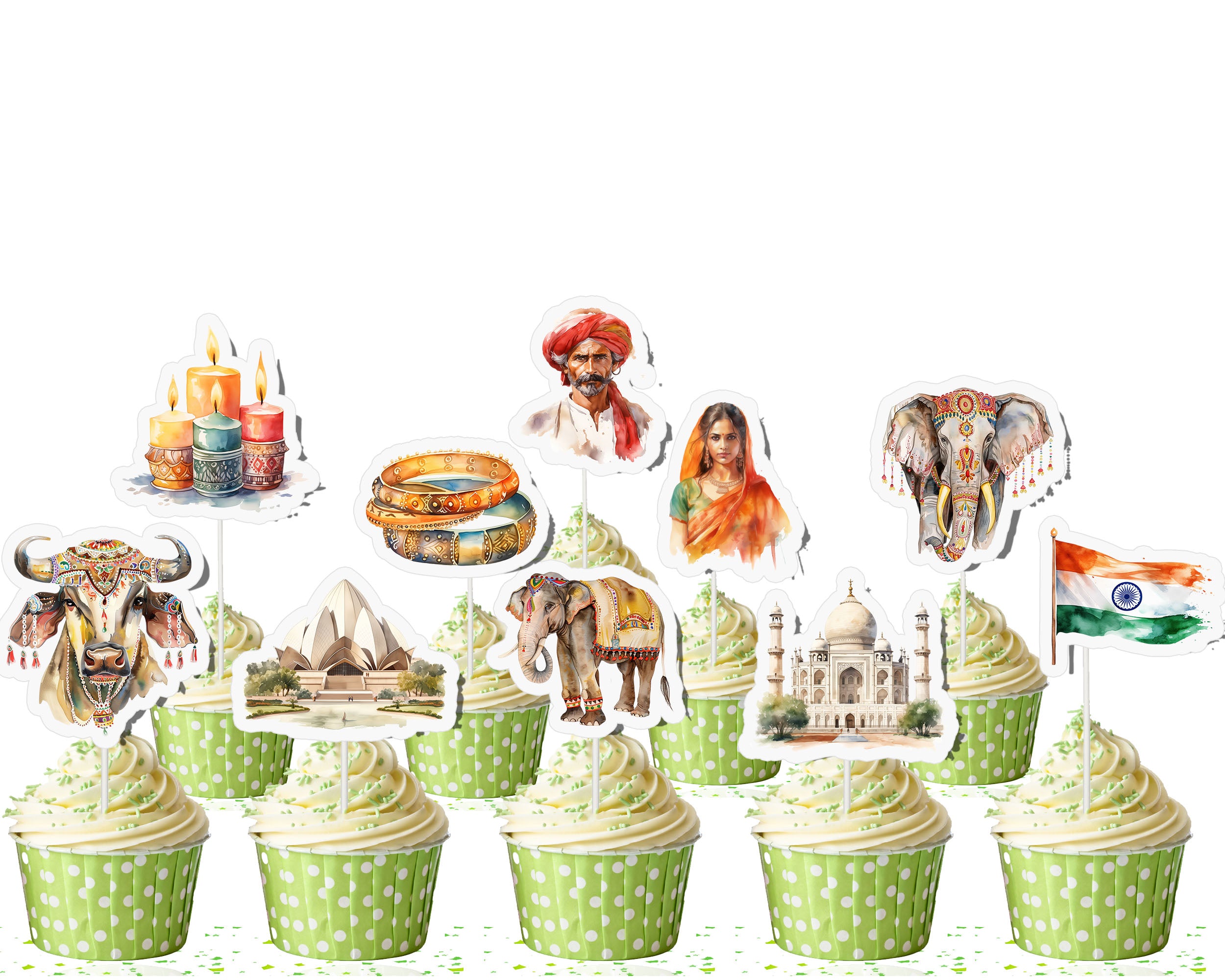 India-Themed Cupcake Toppers - Set of 10 | Cultural Party Decorations | Indian Festival Toppers