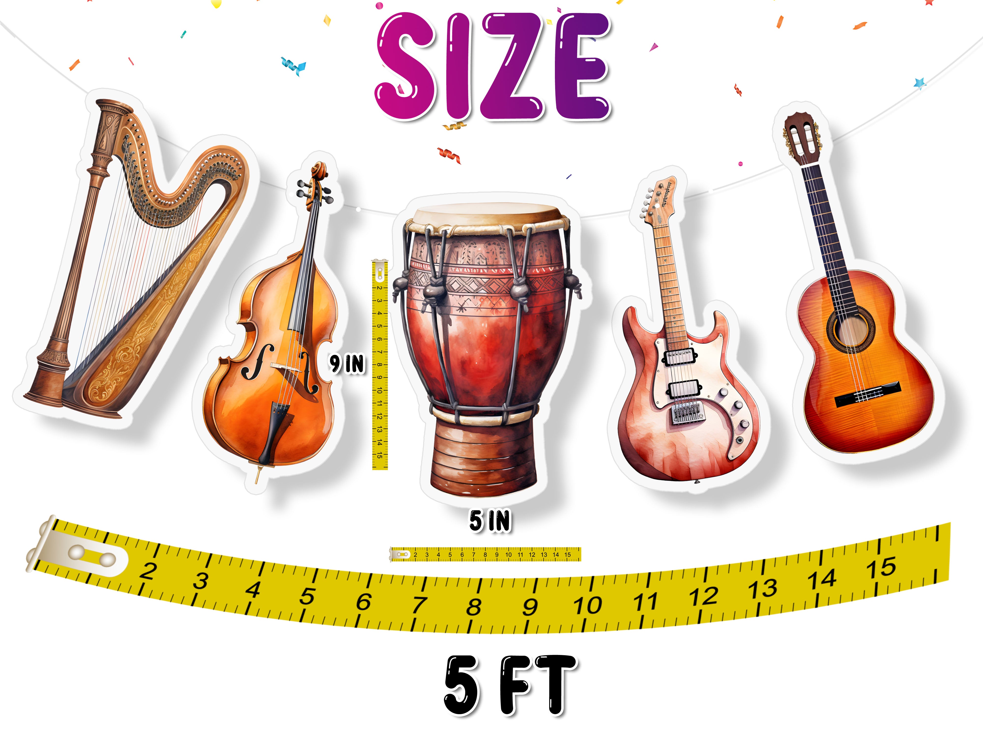 Musical Instruments 5 Pcs Party Banner - Music Theme Decor