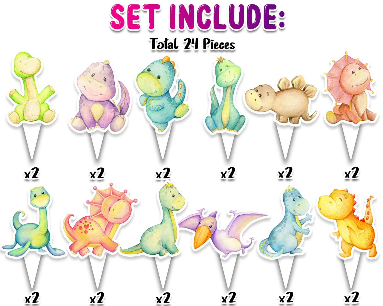 24 Pcs Dinosaur Cupcake Toppers - Cute Dino Party Decorations for Kids Birthday and Baby Showers