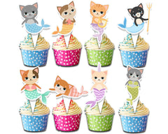 24 Pcs Mermaid Cat Cupcake Toppers for Kids Birthday Party Decorations – Cute Mercat Themed Cupcake Picks for Ocean Party, Baby Shower, and Underwater Celebration