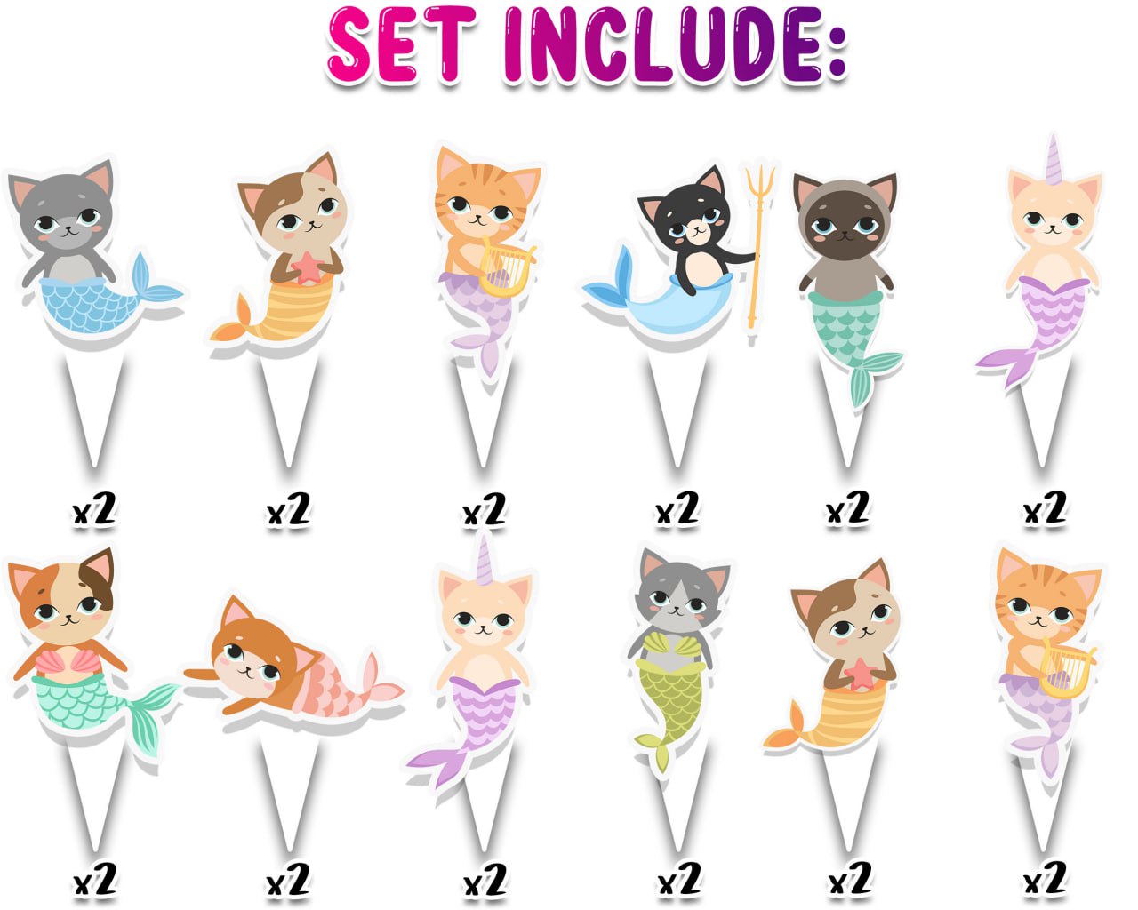 24 Pcs Mermaid Cat Cupcake Toppers for Kids Birthday Party Decorations – Cute Mercat Themed Cupcake Picks for Ocean Party, Baby Shower, and Underwater Celebration