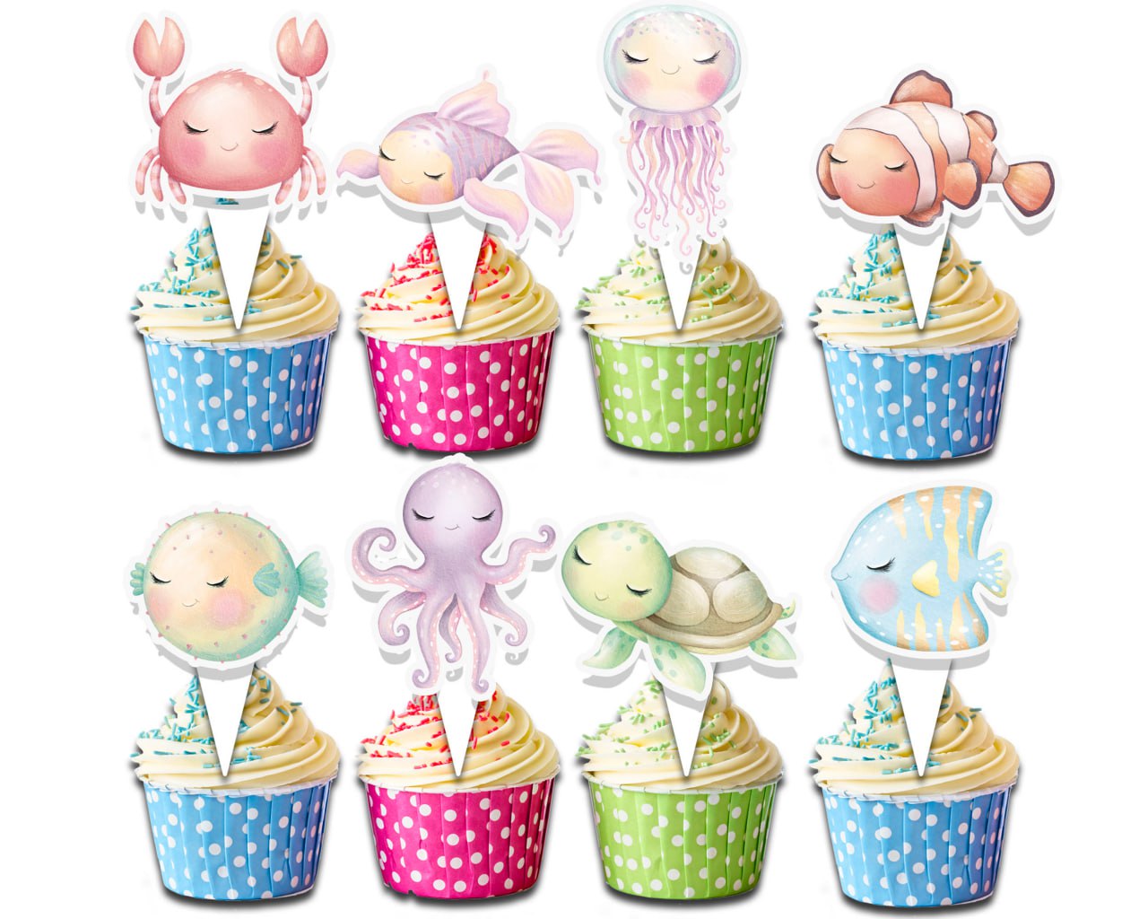 24 Pcs Baby Under the Sea Cupcake Toppers | Ocean-Themed Party Decorations | Pastel Sea Animal Toppers for Birthdays, Baby Showers, and Kids Parties