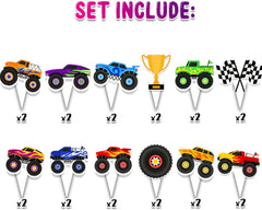 24 Pcs Monster Vehicle Trucks Cupcake Toppers - Cardstock Decorations for Kids' Party Theme - Ready to Use for Cakes, Cupcakes, and Desserts