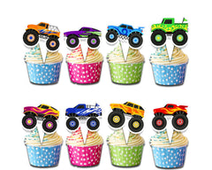 24 Pcs Monster Vehicle Cupcake Toppers - Cardstock Decorations for Kids' Party Theme - Ready to Use for Cakes, Cupcakes, and Desserts