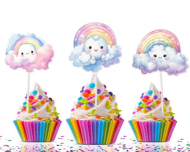 Rainbow Cupcake Toppers - Set of 10 | Cute Rainbow and Cloud Party Decorations