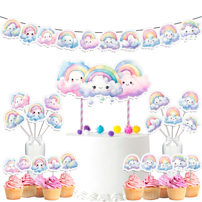 Rainbow and Cloud-Themed Party Decoration Set – Cake Topper, Cupcake Toppers, Banner, and Centerpieces