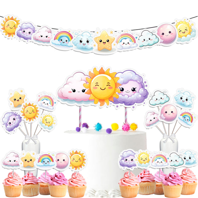 Sunshine and Clouds Party Decoration Set – Cake Topper, Cupcake Toppers, Banner, and Centerpieces